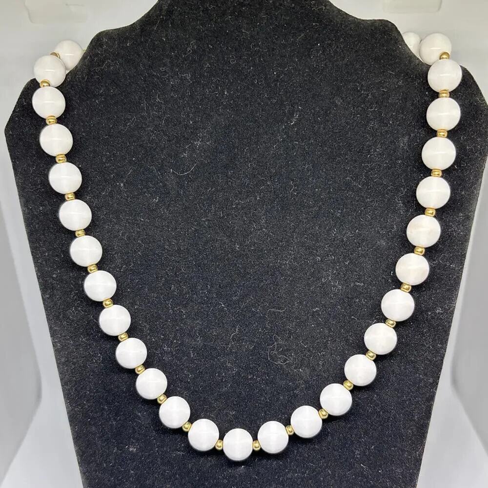 Vintage Monet White & Gold-toned Beaded Necklace with Pearl Clasp
